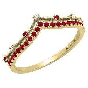 Dazzlingrock Collection Round Ruby & 0.03 ct. White Diamond Chevron Wedding Band for Her, 14K Solid Yellow Gold, Size 7