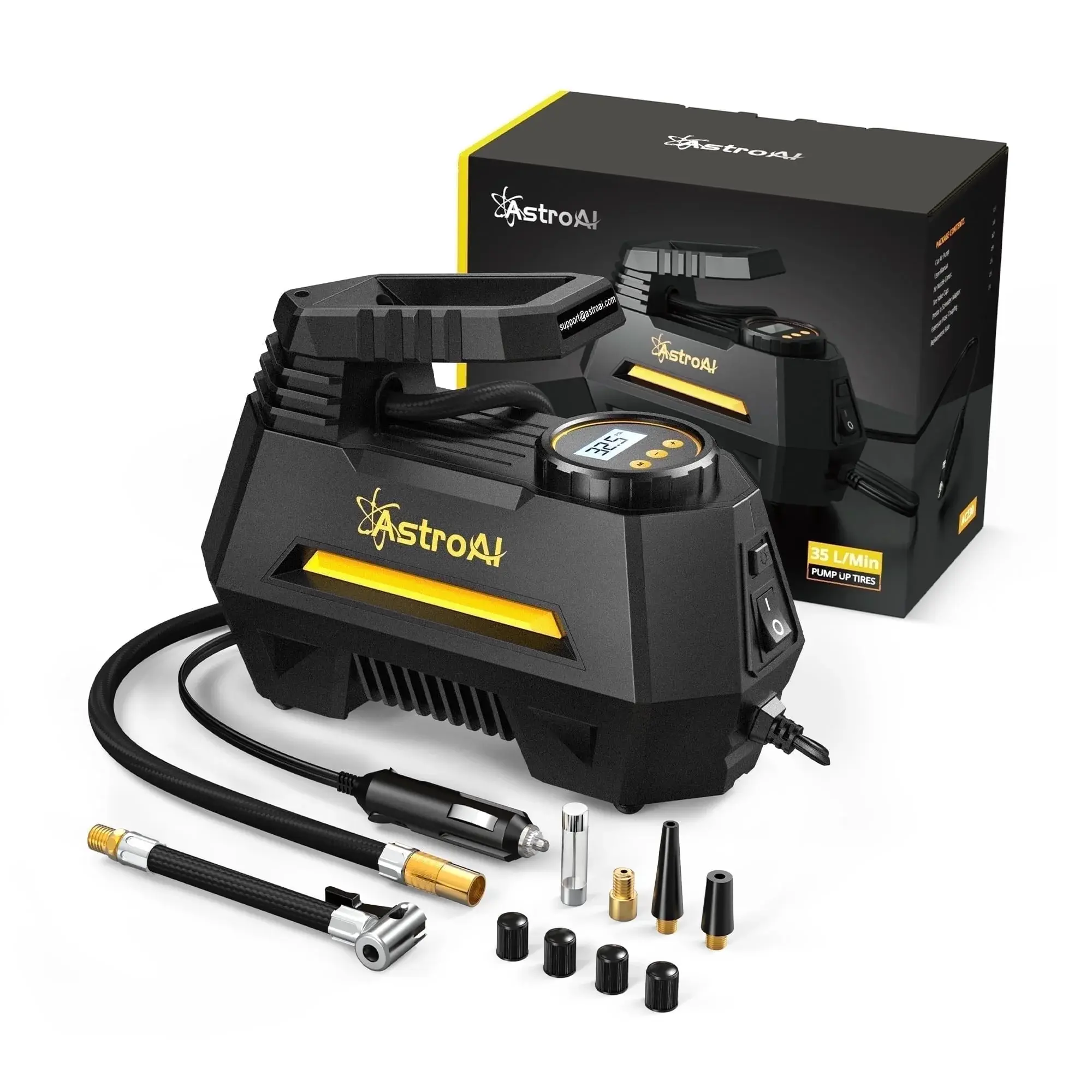 AstroAI Portable Tire Inflator Air Compressor - Fast Inflation for Cars, Auto Shutoff, Emergency LED Light, 100PSI Digital Pressure Gauge, Ideal for Inflatables - Compact and Efficient Yellow Design AstroAI