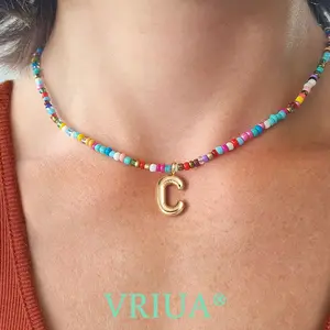 VRIUA Colorful Initial Necklace for Women Bubble Letter Necklace Dainty Cute Beach Boho Necklace Trendy Jewelry Choker  Handmade Fashion Accessory