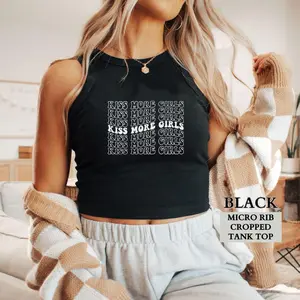 Lesbian Pride Shirt, Kiss More Girls Cropped Micro Rib Tank Top, Gay Pride Shirt, Lesbian Shirt, LGBTQIA Group Crop Tanks,Queer Gift for Her