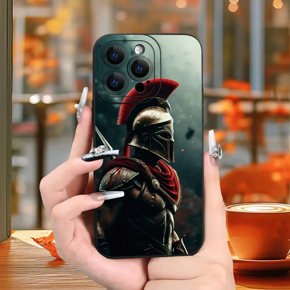 Spartan Warrior Animal Cartoon Art TPU Soft Full Cover Protective Case for iPhone 17/16/15/14/13/12/11 Air Pro Max Plus - Black, Trendy Pattern, Resistant Phone Accessory for Halloween