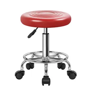 KKTONER PU Leather Modern Round Rolling Stool with Footrest Height Adjustable Spa Drafting Salon Tattoo Work Massage Stools Task Chair Small (Red)