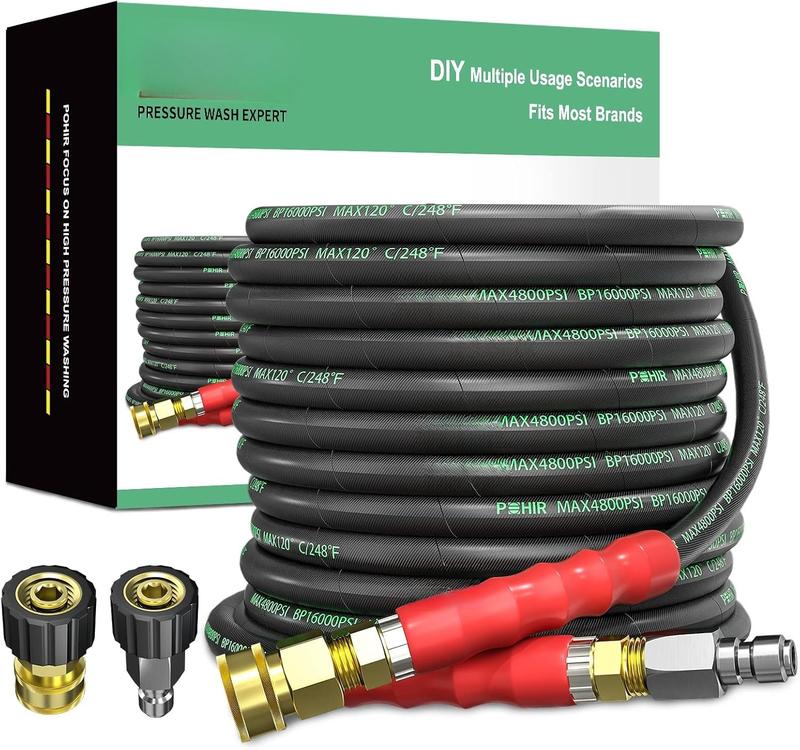 3/8" Washer Hose 50 FT for Cold and Hot Water Max 248F with Quick Connect, 4800psi Kink Resistant Industry Grade Steel Wire Braided Synthetic Rubber Jacket with 2 M22 14mm Adapter Set 3/8" Washer Hose 50 FT for Cold and Hot Water Max 248F with Quick Connect, 4800psi Kink Resistant Industry Grade Steel Wire Braided Synthetic Rubber Jacket with 2 M22 14mm Adapter Set
