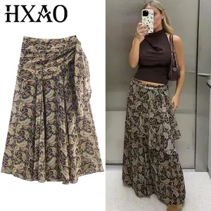 HXAO Women's Skirt Paisley Knot Skirts For Women Autumn Fashion Ruffled Print High Waist Long Skirt Elegant Layered Wrap Skirts