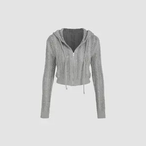 Cider [5 colors, size 0-10] Knit Hooded Zipper Hollow Out Cardigan