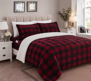 Mocassi 3-Piece Reversible Micro-Suede Comforter Set with Buffalo Lodge-Plaid Pattern, Plush Sherpa-Backed Warmth