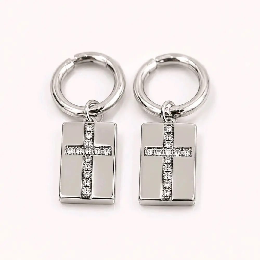 Silver Tone Cross Pendant Hoop Earrings