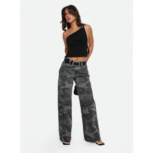 Big Talk Mid Rise Straight Leg Jeans Grey Washed Camo