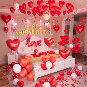 Red Valentine's Day Balloons Kit, Anniversary Decorations with Happy Anniversary Banner, Heart Balloons, Rose Petals & Glue