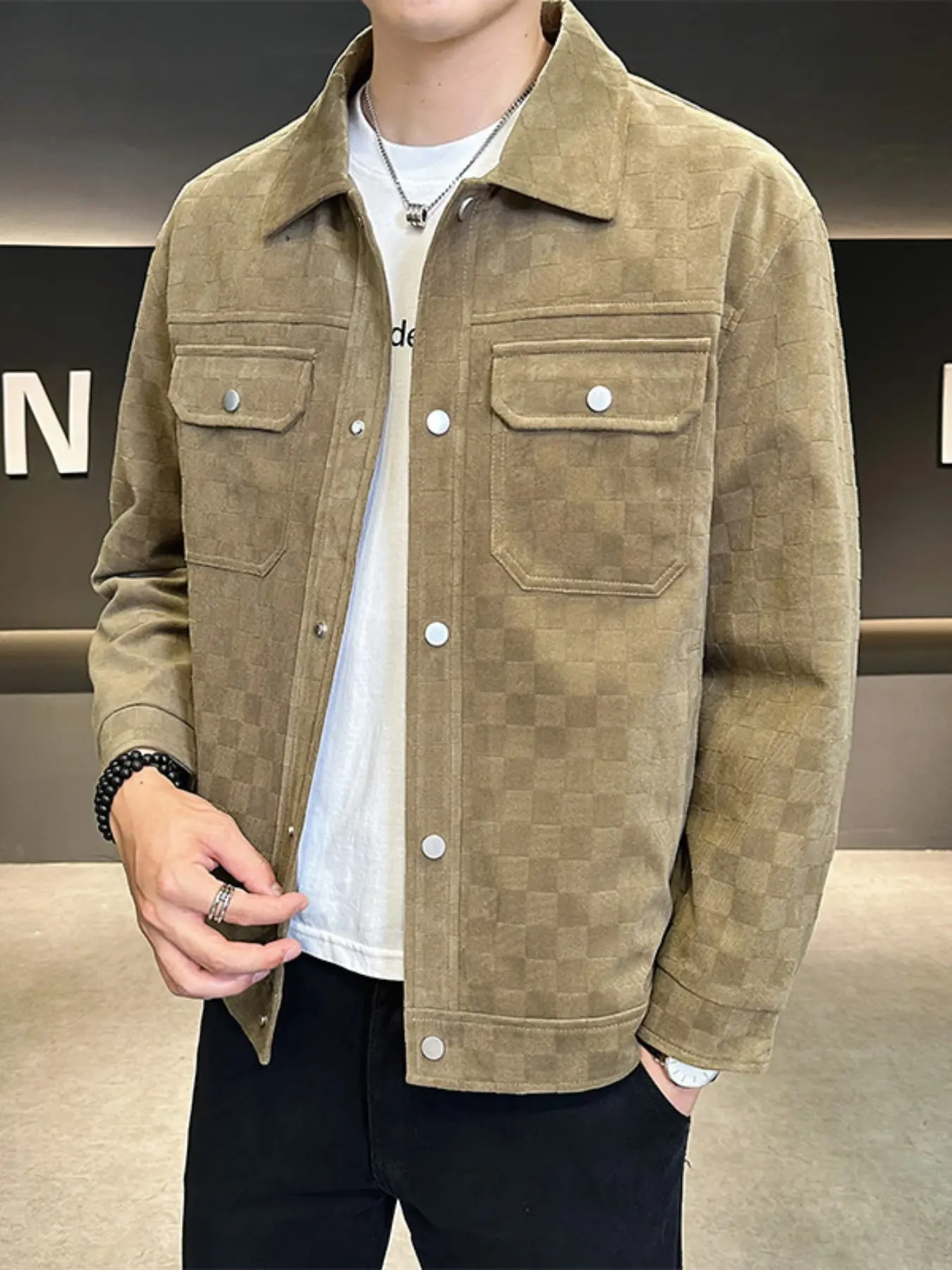 Men's Casual Fashion Suede Checked Plaid Collared Jacket with Pockets, Menswear Long Sleeve Fitted Outdoor Streetwear, Windproof Warm Coat for Fall & Winter
