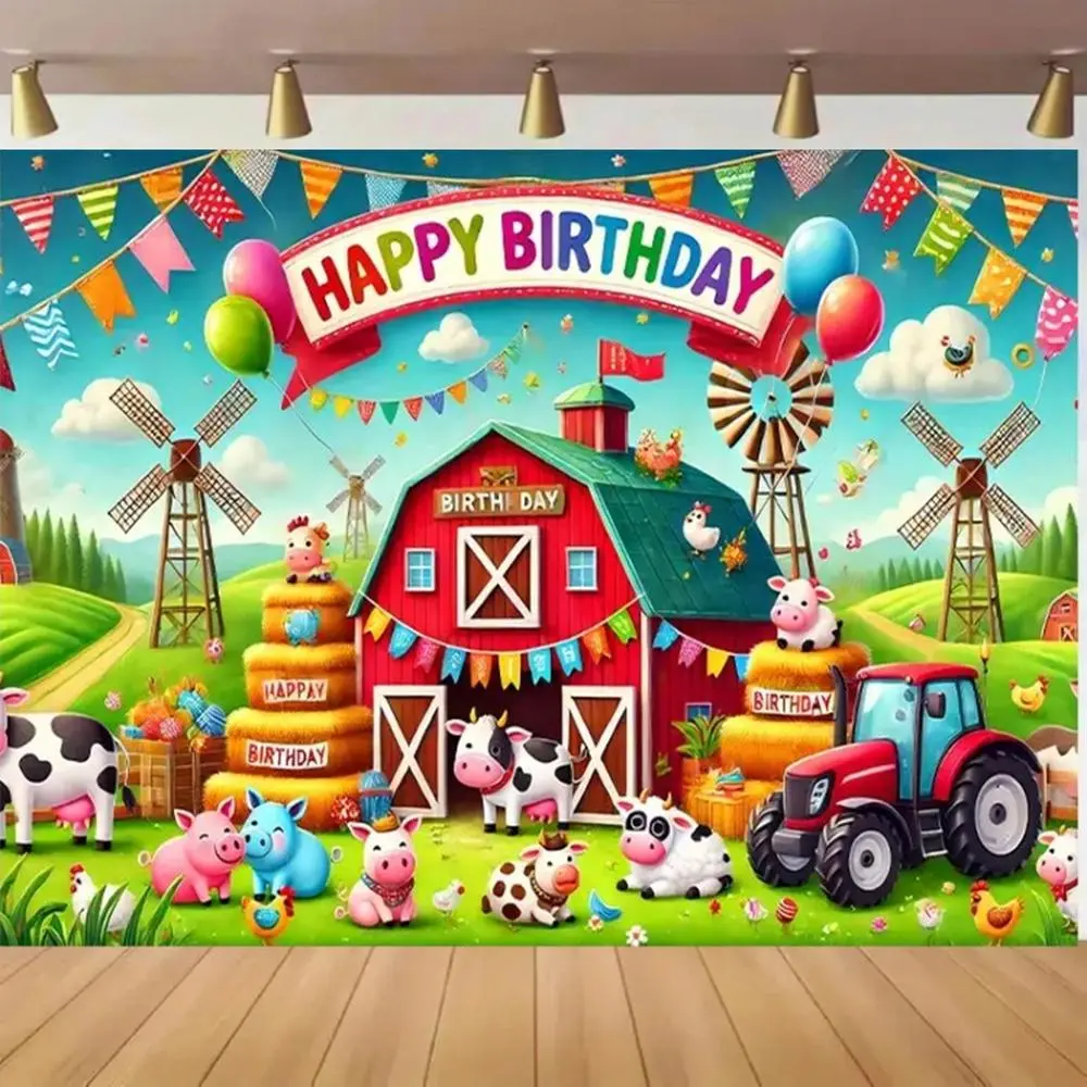 1pc Polyester 2D Flat Country Theme Birthday Backdrop Banner - Flat Decor with Vibrant Red Barn, Animals, Tractor, Balloons - Festive Party Cake Table Photo Background