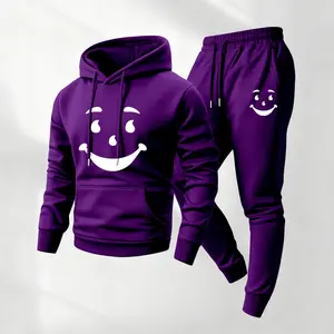 Men's Smiling Face Patterned Hoodie And Drawstring Track Pants Set, Men's Casual Athletic Long-Sleeved Hooded Jacket And Pants, Suitable For Fall And Winter, Street Style Hoodie Set, Everyday Wear, Indoor And Outdoor Sportswear