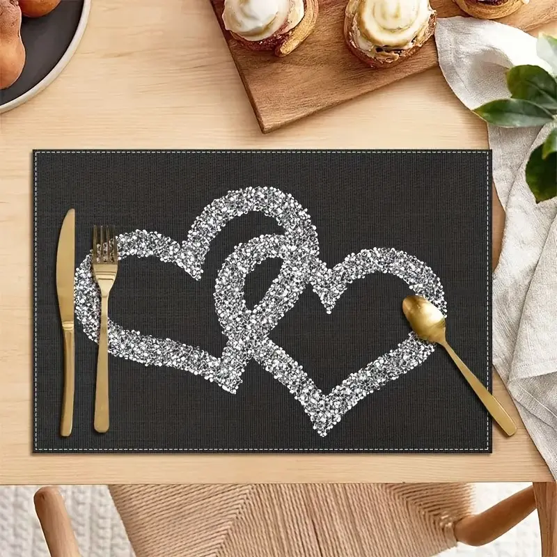 2D flat printing, set of 2/4/6/8 pieces silver heart-shaped diamond pattern printed placemats, Kitchen Decorative Placemat, suitable for home kitchens, restaurants, parties, indoor and outdoor decoration, 12X18 inches