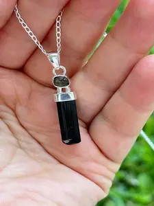 Powerful, High Vibrational, Genuine, Czech Moldavite, Black Tourmaline, point, solid silver, pendant, necklace