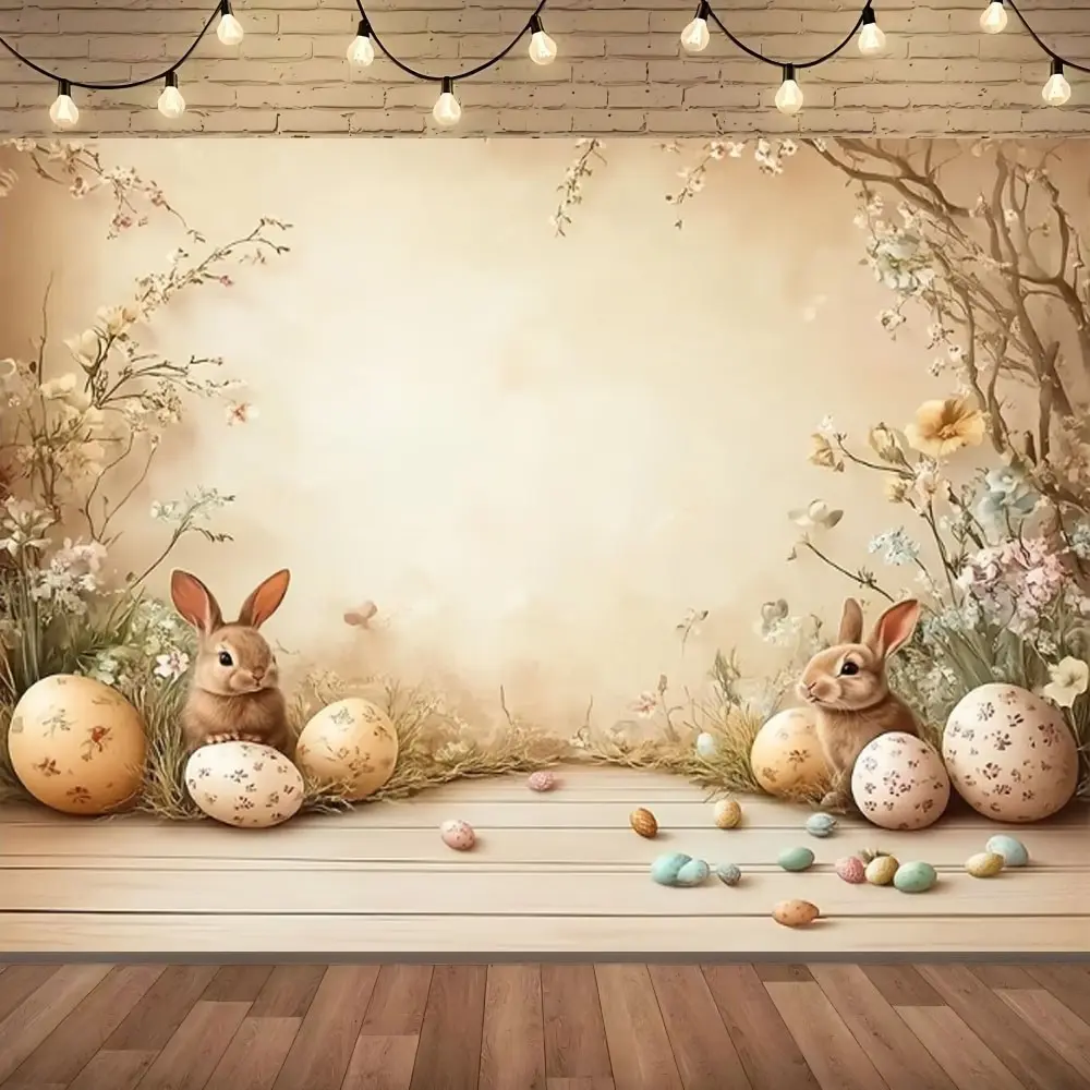 Easter Photo Background, Charming Rabbit & Flower Egg Design, Durable Polyester Fiber, Perfect for Holiday Celebrations, Party Decorations