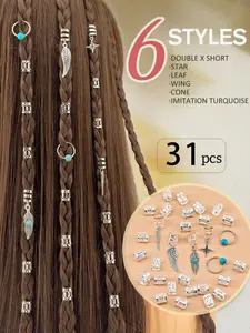 31pcs Turquoise Pendant Dreadlock Braid Hair Beads, Braids Hair Rings, Hippie Style Hair Accessories, Loc Hair Jewelry for Women, Versatile Use