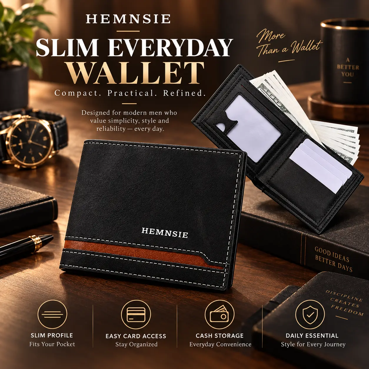 GOODBEE Men’s Slim Bifold Wallet, Classic Two-Tone Leather Wallet, Multi Card Slots, Cash Holder, Business Wallet for Men