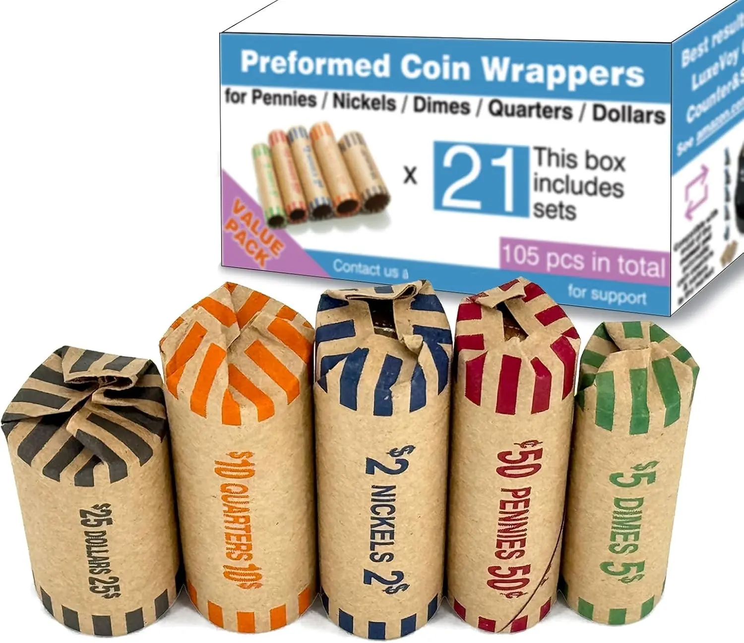 105pcs Assorted Heavy Duty Preformed Coin Wrappers Rolls | Dollars,Quarters,Nickels,Dimes and Pennies,Complete Assortment,Durable Material,Effortless Use