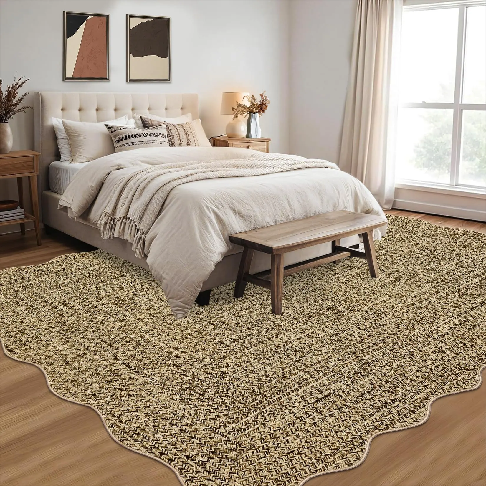 3x5 Scalloped Rug Print Pattern Foyer Rugs for Entryway Neutral Living Room Area Rug Washable Kitchen Rugs Non Slip Stain Resistant Area Rug for Hallway Laundry Room Balcony Natural Color