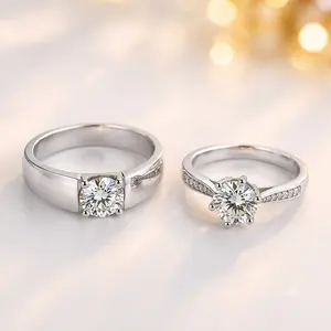 Premium Moissanite Couple Rings Set - 4-Prong/6-Prong Solitaire Bands, Platinum-Like Finish, Matching Promise Rings for Him and Her, Ideal Engagement & Anniversary Gift
