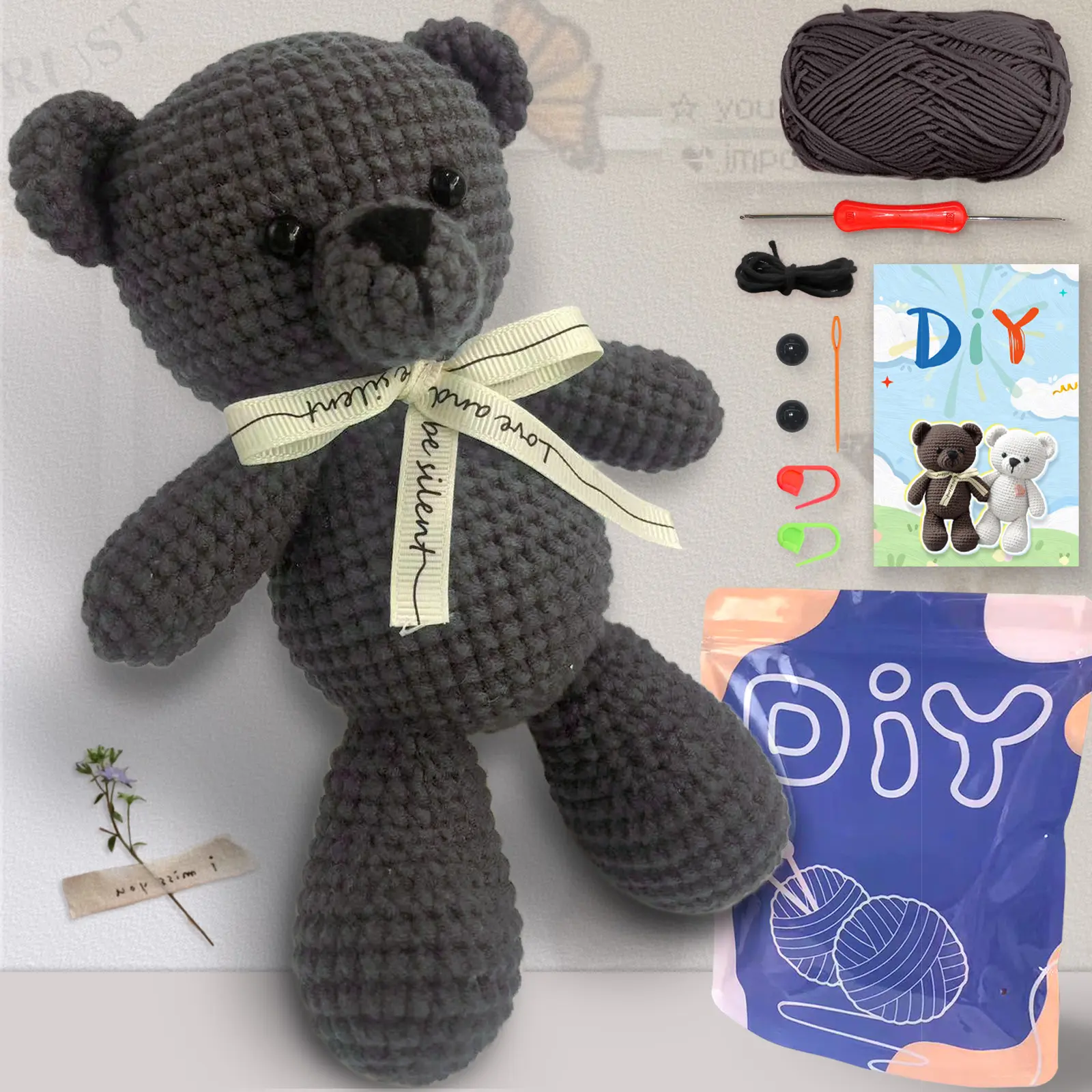 1PC Silk Ribbon Bear Crochet Suit, DIY Craft Supplies, Adult Crochet Starter Kit,with Video Tutorial, Crochet Items, Crochet Bow, Handmade Crafts