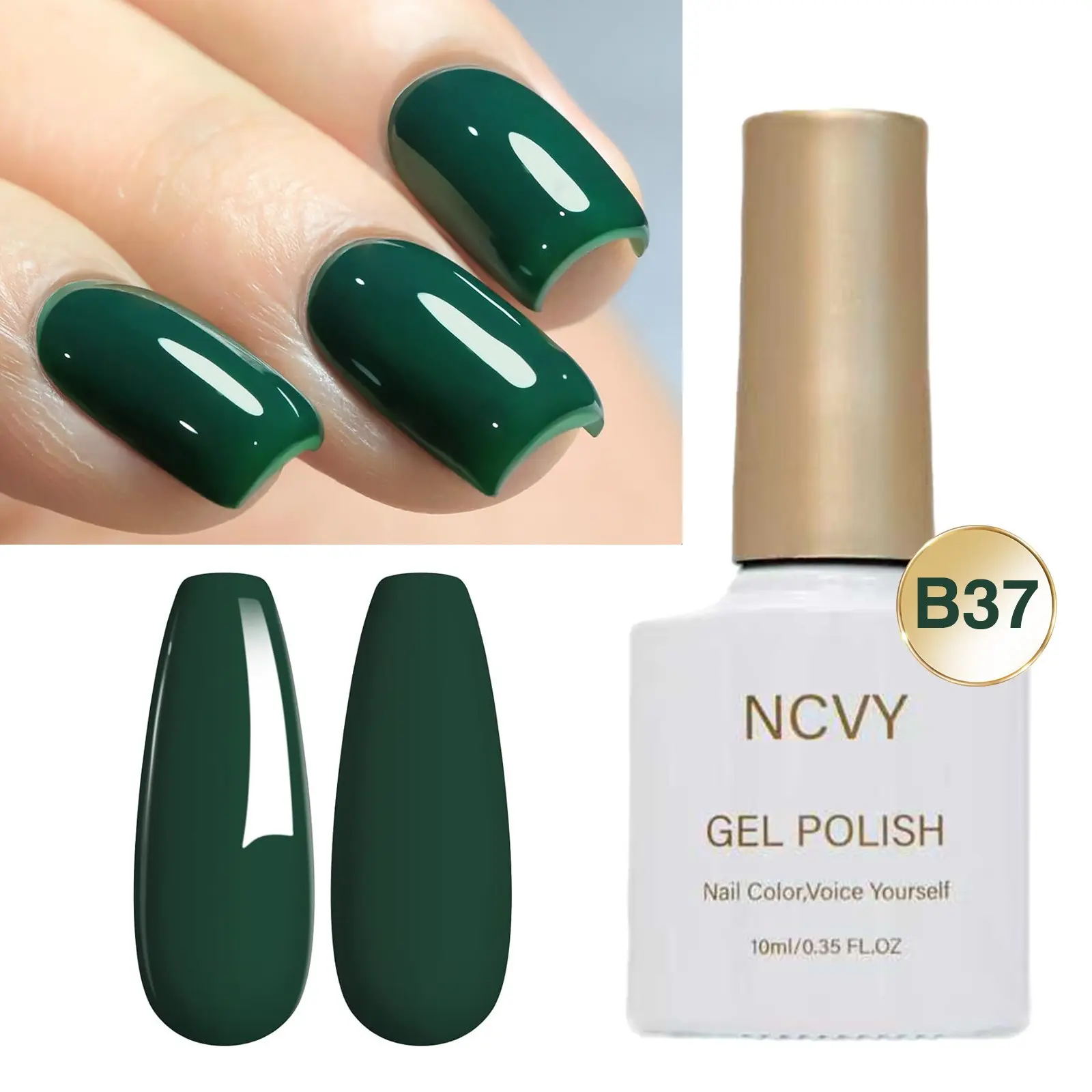 NCVY Deep Green Gel Nail Polish, 10ml/0.35oz Nail Polish. Long-lasting, removable UV/LED gel polish with rich, vibrant color. Easy for beginners to use, perfect for DIY nail art at home. An ideal gift for spring and summer. Salon-quality and HEMA-Free.