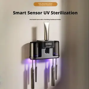 2-in-1 UV Toothbrush Sanitizer and Automatic Toothpaste Dispenser Touchless Ir Sensor 2 Adjustable Paste Doses Wall Mount Smart Mounted Holder USB Rechargeable Waterproof Sterilizer Automatic Toothbrush Holder