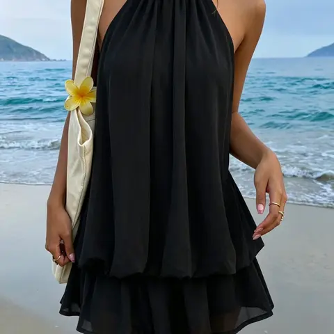 Women's Summer Elegant Chic Versatile Slim-Fitting High Waist Halter Neck Sleeveless Backless Short Mini Party Dress Wedding Guest Wear for Home Office Outdoor Wear