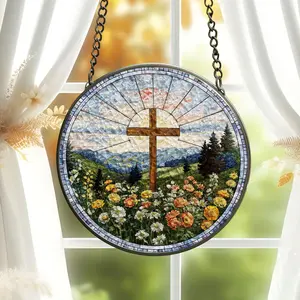 Christian Cross Stained Acrylic Suncatcher Religious Home Decoration Christian Window Hanging With Floral Design Memorial Cross Suncatcher