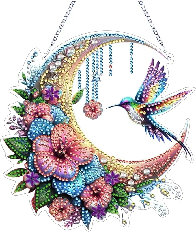 Moon & Hummingbird Diamond Painting Suncatcher - Floral Rhinestone Art, Hanging Chain Window Decor