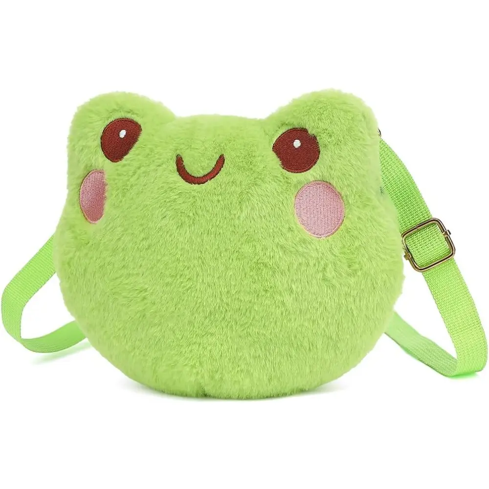 Women's Frog Shape Polyester Crossbody Bag - Kawaii Fluffy Stuffed Animal Purse, Adjustable Strap, Zipper Closure, Lightweight Plain Casual Small Novelty Bag for Women