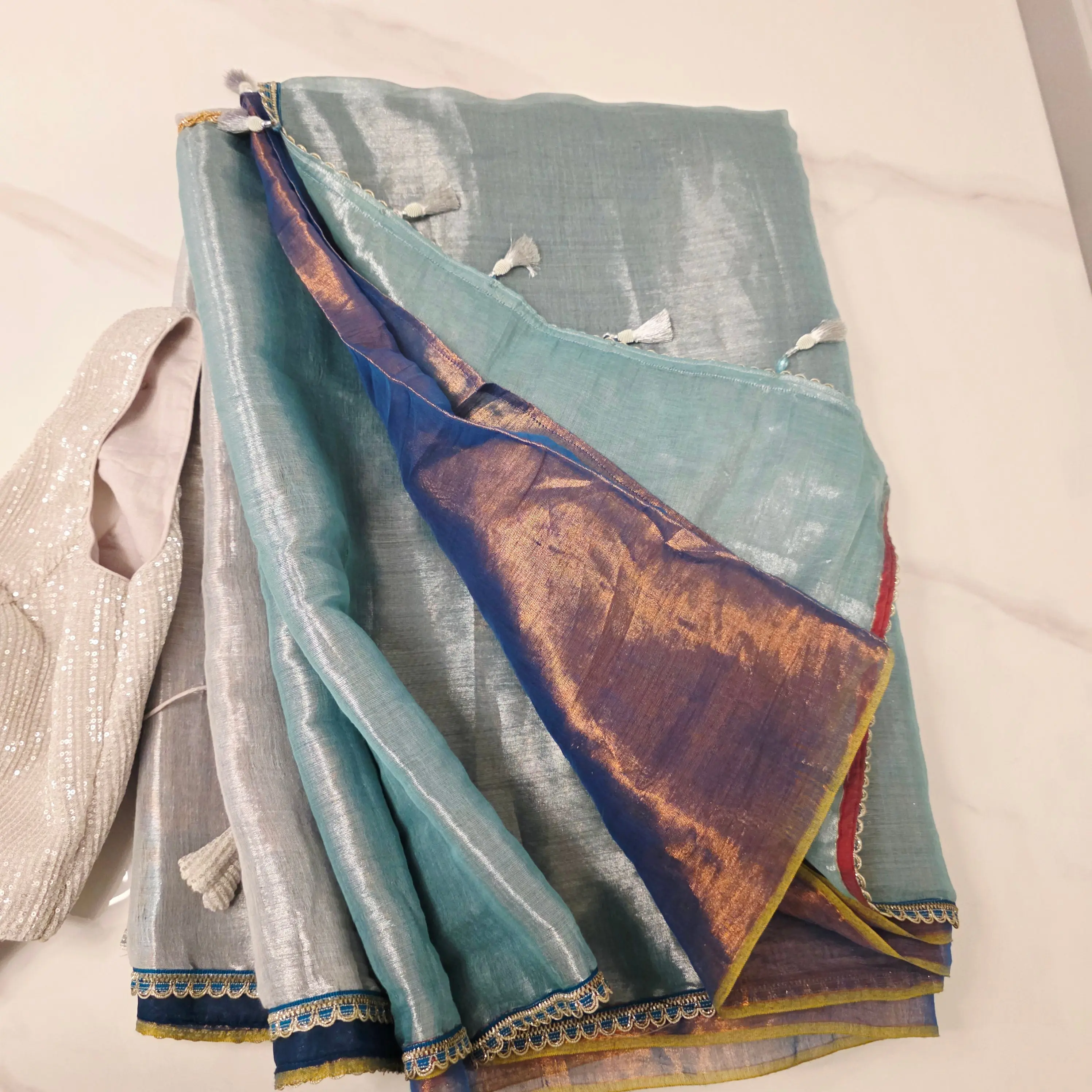 Reyavogue Women's Tri Color Tissue Linen (Navy-blue Sky-blue Pallu) Saree With Sequin Blouse