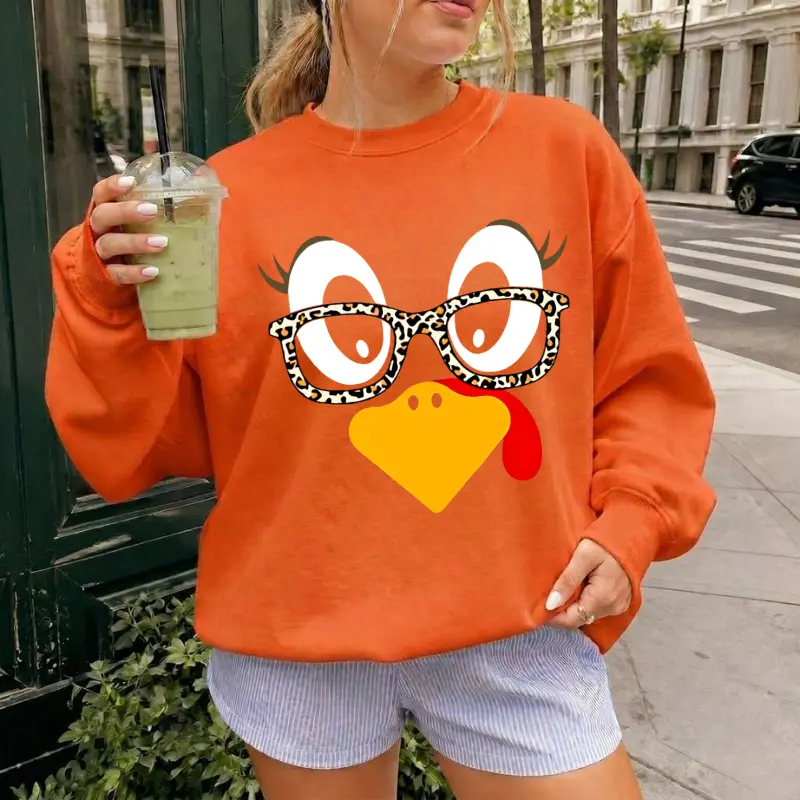 Cute Turkey Fall Thanksgiving Sweatshirt, Thanksgiving Family Matching Shirt,Turkey Face Shirt,Funny Thanksgiving Shirt, Women's Long Sleeve Sweater