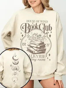 ACOTAR House of Wind Book Club Crewneck Sweatshirt, Womenswear, Beige Loose with Fantasy Bookish Art, Graphics, Perfect for ACOTAR Fans & Book Lovers, Ideal for Book Club Gatherings, Casual Outings, Book Stack & Moon Detail