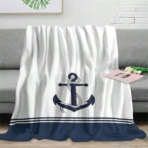 Nautical Anchor Throw Blanket - Soft Flannel, White With Navy Blue Stripes & Rope Accents, Home, Office, Travel, And Outdoor Gatherings, Office Comfort |   Contemporary Style |   Texture, Nautical