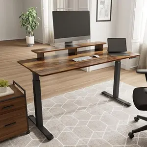 Electric Standing Desk,63 Inch Height Adjustable Desk with Dual Motor,Computer Desk with LED Lights & Double Shelves,Home Office Desks with Monitor Stand,Brown Wood