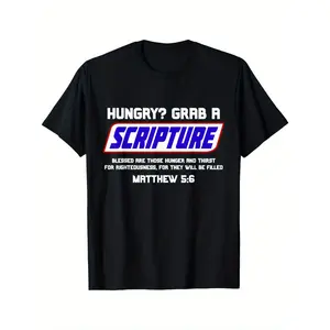 Men'S Funny Christian T-Shirt - Matthew 4:4 Bible Verse "Hungry? Grab a Scripture" - Heavyweight 180gsm Tee with Snack Bar Graphic - Black Shirt with Red/Blue Lettering - Everyday Faith Apparel Gift for Church, Bible Study & Casual Outfits, grandma's  fav