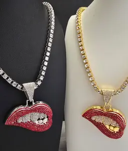 Synthetic Tennis Style Chain Necklace with Yellow/Silver Tone RED BLING LIPS KISS Pendant, Lightweight Iced Out Chain Jewelry Necklaces