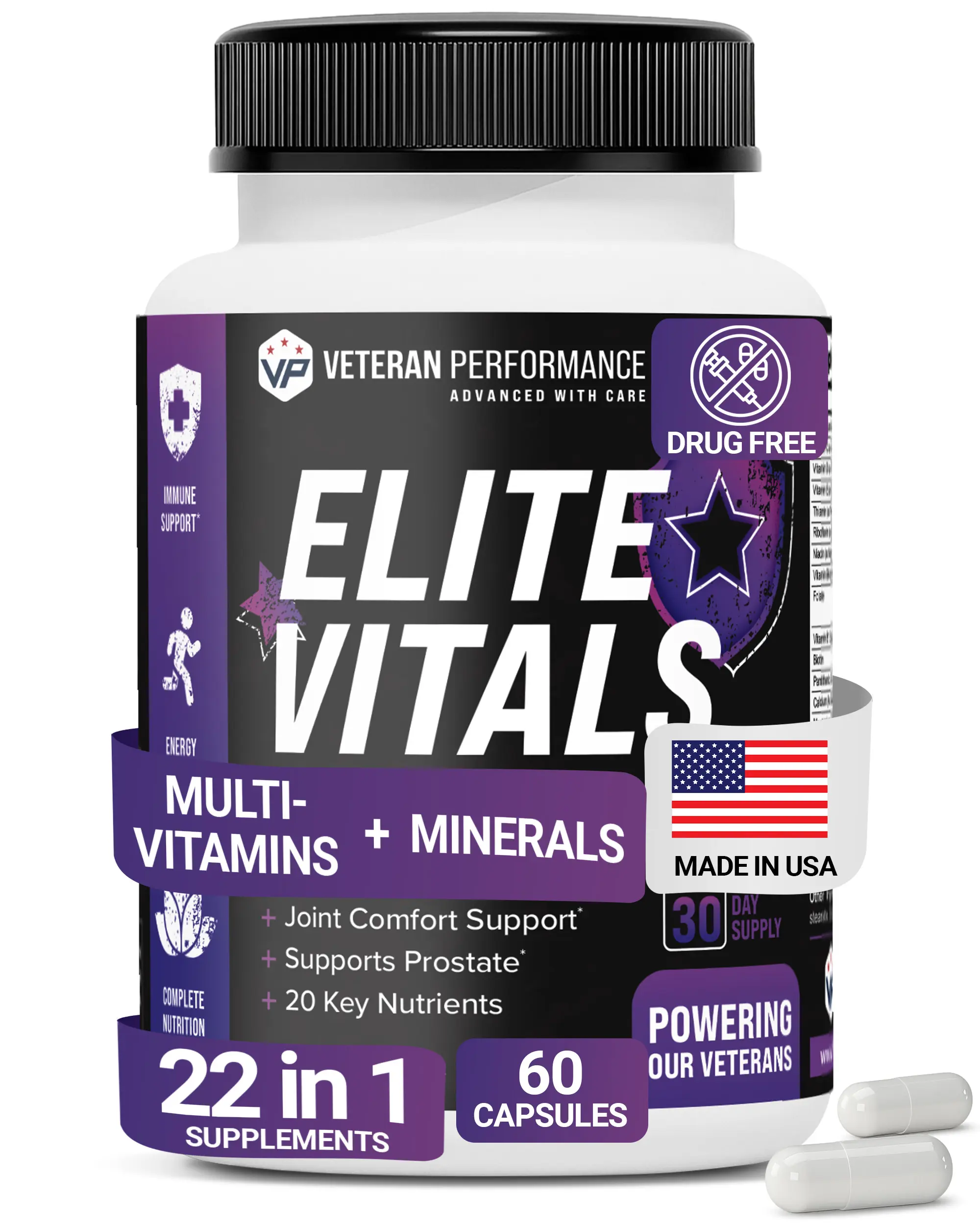 Elite Vitals Men's Daily Multivitamin with Vitamin B12, Gluten Free Immune Support, Prostate & Joint Health, 20 Essential Vitamins, 60 Capsules - Healthcare Edible Supplement