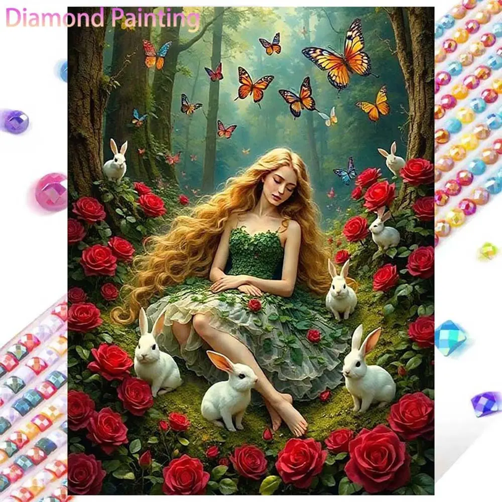 5D DIY Full Diamond Round Drill Painting - Diamond Painting Kit White Rabbit Rose Mosaic Canvas DIY Wall Art, Home Wall Decoration