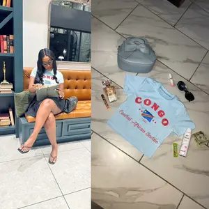 CONGO BADDIE BABE CROP TOP +243 - SKY BLUE WOMEN'S TOP Soft Breathable Cotton Blend Flattering Fit Vibrant Flag Print Central African Babe Tee