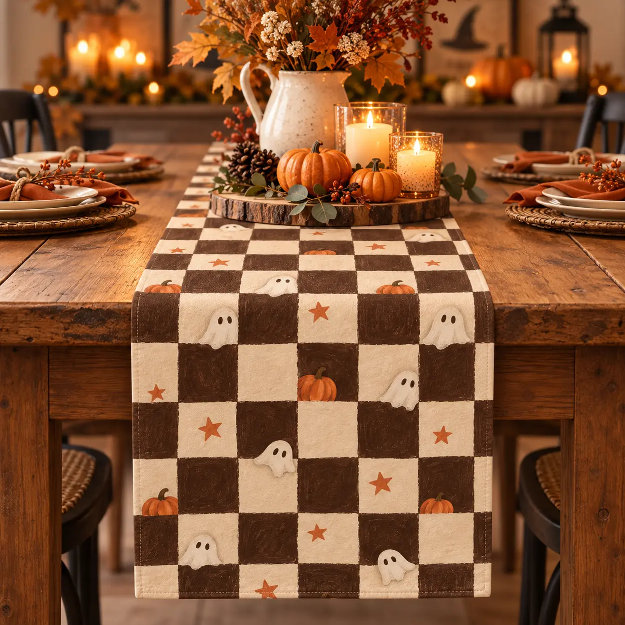 Rustic Checkerboard Halloween Ghost Table Runner, Brown Checkered Pumpkin Linen Table Runner for Cozy Fall Decor, Thanksgiving & Dining Room Aesthetic