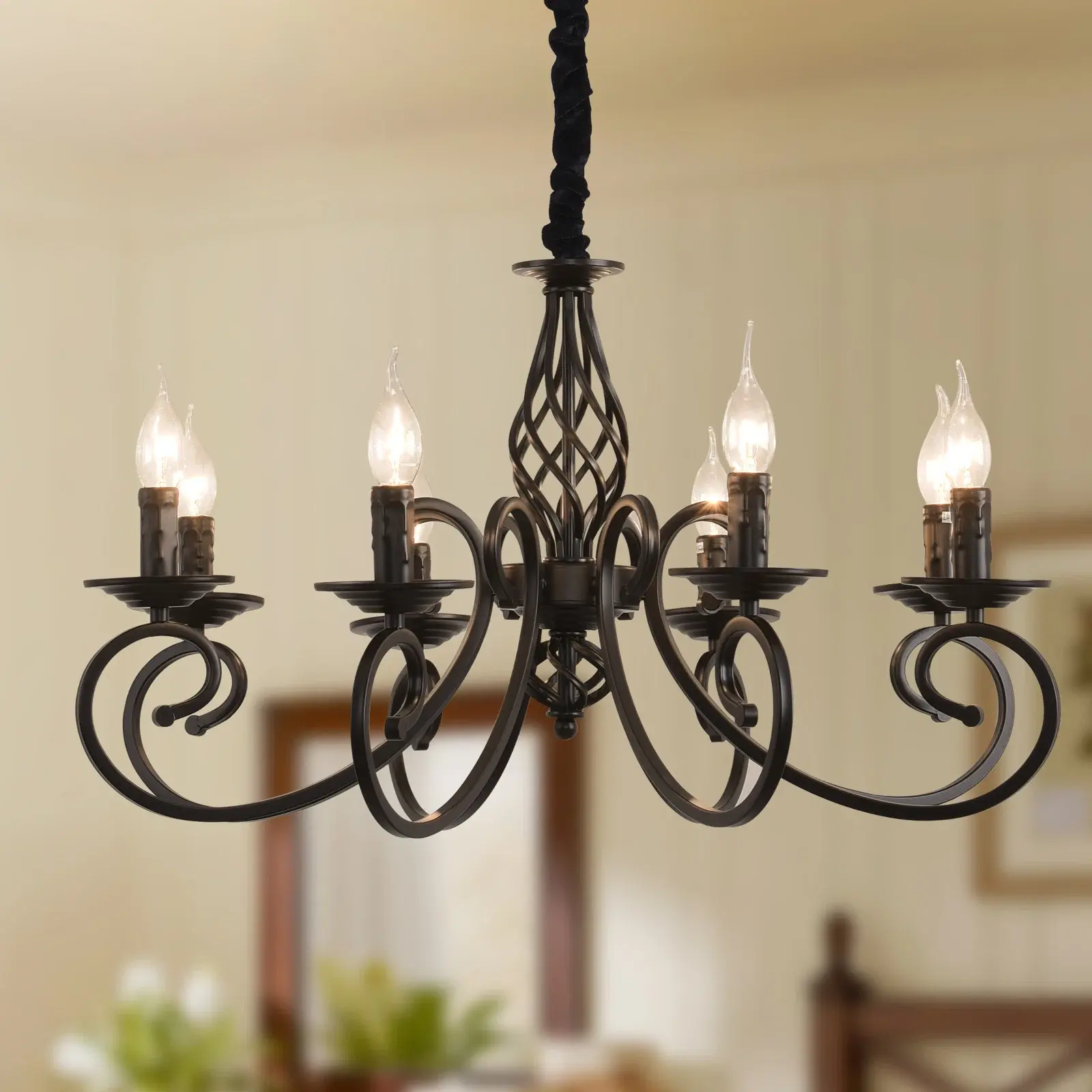 Rustic Chandeliers Candle French Country Chandelier Vintage Iron Pendant Light Fixture Hanging Light Black 8 Lights