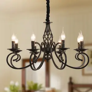 Rustic Chandeliers Candle French Country Chandelier Vintage Iron Pendant Light Fixture Hanging Light Black 8 Lights