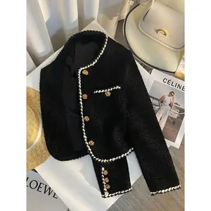 Women’s Vintage Tweed Cropped Quilted Blazer – Elegant Black Commuter Style, Korean-Inspired, Short Winter Outerwear Top, New Arrival, Long Sleeve, Fitted