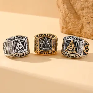 Retro Hip-hop Punk Style Freemason AG Letter Pattern Square Stainless Steel Men's Ring Accessory