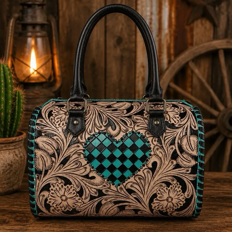 Teal and Black Checkered Tooled Speedy Medium