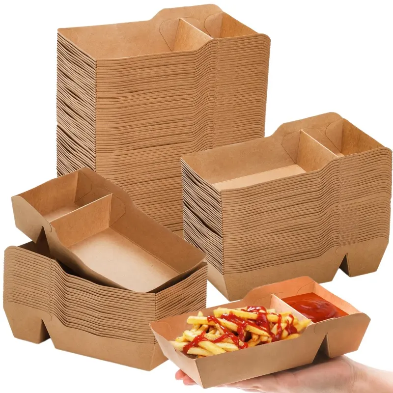 100-Pack Disposable Kraft 2-Compartment Food Serving Tray Box, Grease-Resistant Heavy-Duty Paperboard Nacho Boat, Takeout Fast Food Snack Holder for Party, Wedding