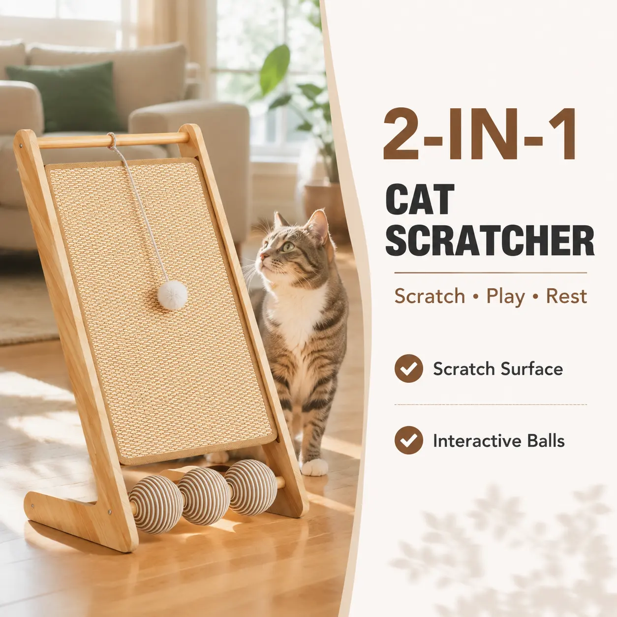 Wooden 2-in-1 Cat Scratching Board, Flipable Sisal Cat Scratcher with Rolling Toy Balls & Hanging Pom-pom, Multi-functional Cat Angled Stable Cat Scratch Pad Convertible to Cat Bed, Indoor Home Use Interactive Cat Furniture for Kittens & Cats