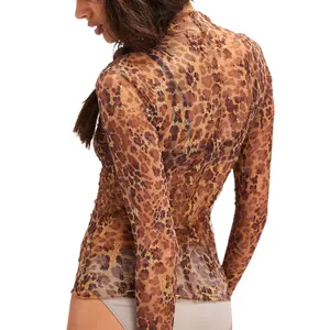 Buenoble Women's Sheer Leopard Mesh Long Sleeve Top Y2K Slim Fit Mock Neck See Through Layering Shirt